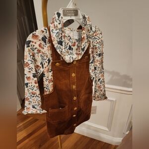Floral Blouse and Brown Corduroy Dress Set